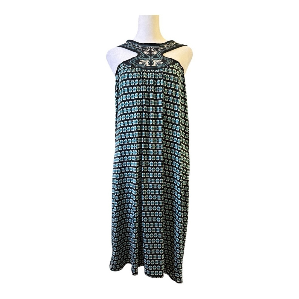 Max Studio Geometric Print Halter Maxi Dress Size Medium Teal White sundress